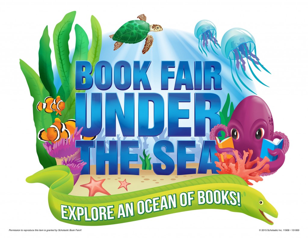 Main Book Fair Logo Under Water graphics with Jelly fish and sea turtles. Heading reads Book Fair Under the Sea. Clown fish swimming in coral. Purple Octopus reading books. A green eel swimming at bottom has subheading written on its body. Subheading reads Explore An Ocean of Books!