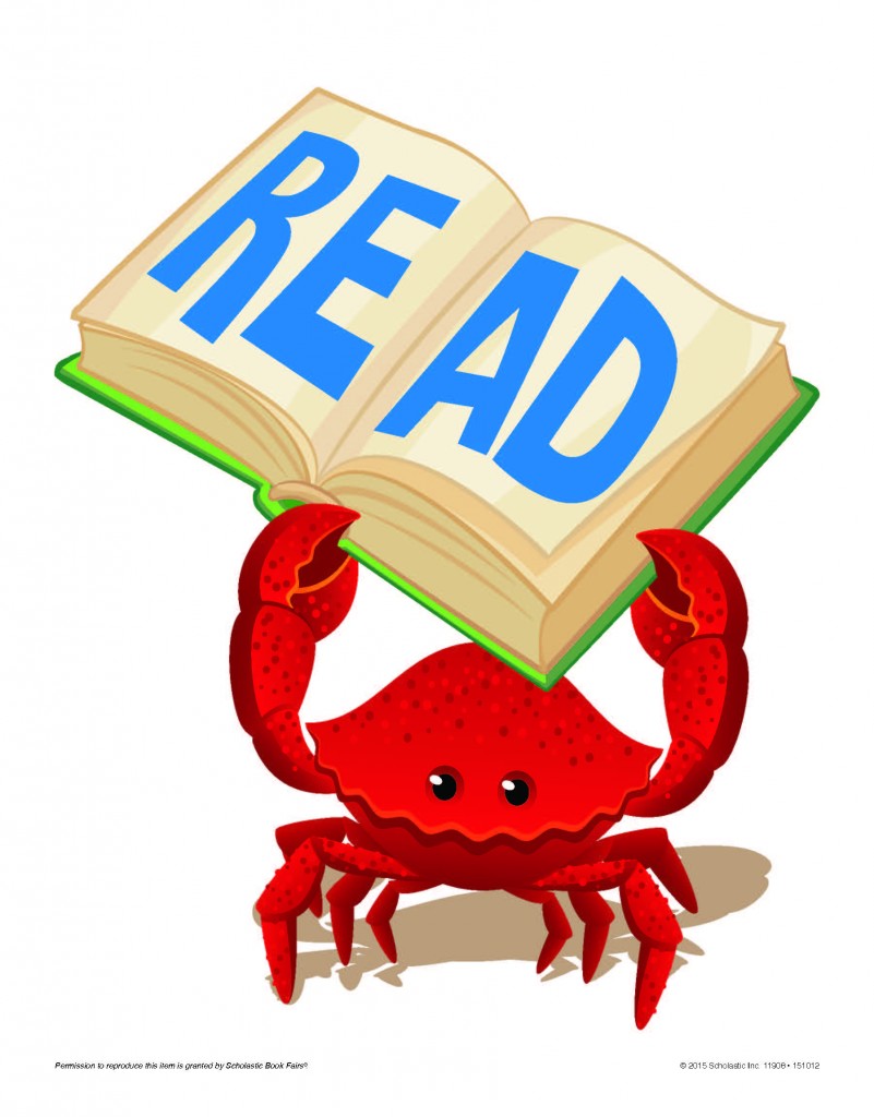 Book Fair graphic has a small red crab holding up an open book with the word READ in big blue letters.