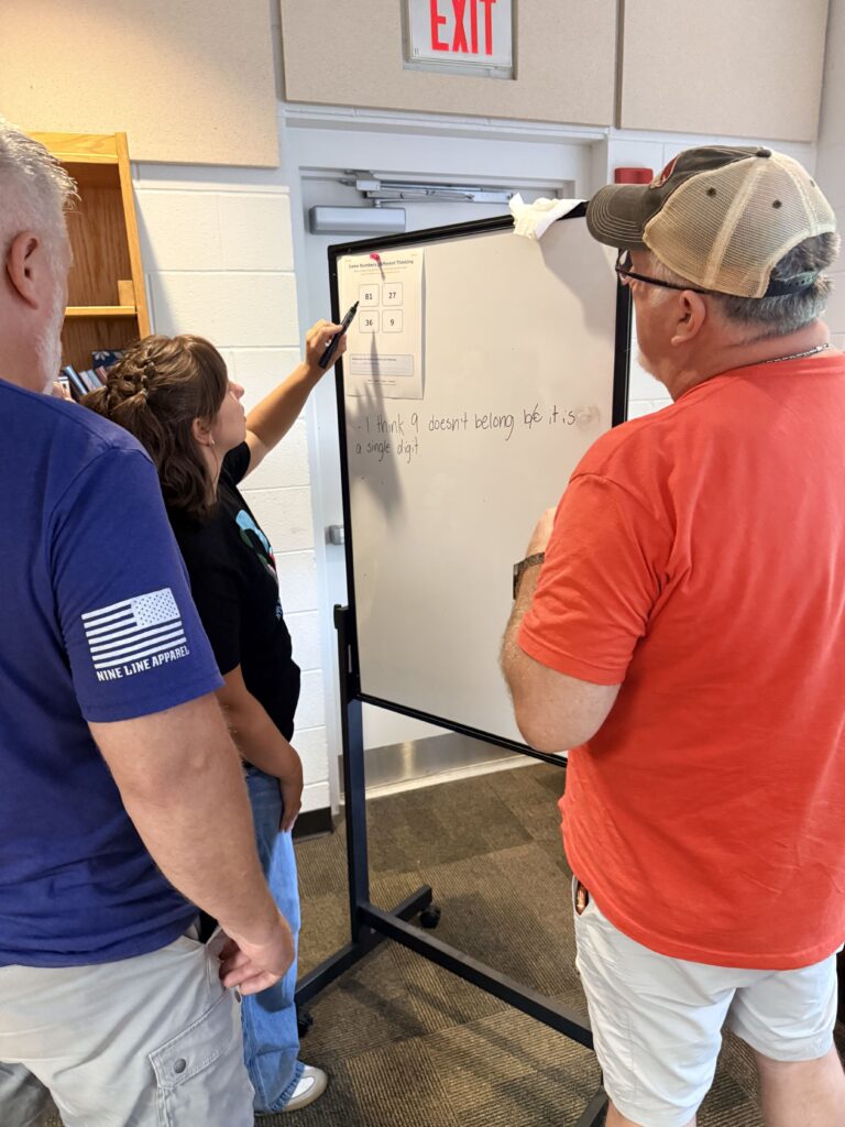 Three teachers standing around a small white board working on a Math problem. 